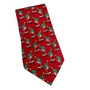 Noel Men's Silk Christmas Tie Red w/Santa Carrying a Christmas Tree 57.5" x 4"